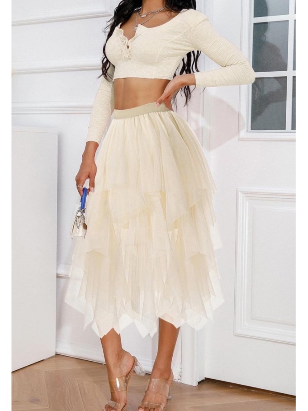🔥 NWT DOSE beige tulle midi high low skirt. Full lining..